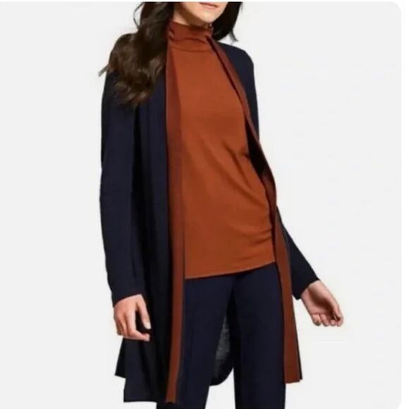 New Eileen fisher midnight blue brown silk tencel long open cardigan - Picture 3 of 8